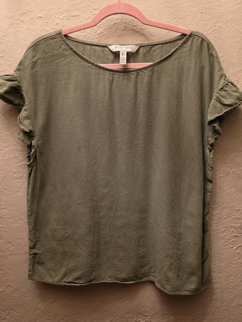 Ellen Tracy Linen Olive Green Ruffle Sleeve Blouse Top L Coastal Boho